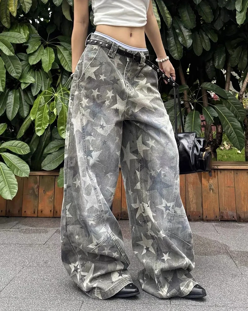 Streetwear Wide Leg Jeans Women Vintage Star Print Loose Hottie Denim Pants Y2K Harajuku Hip Hop High Waist Pocket Trouser New