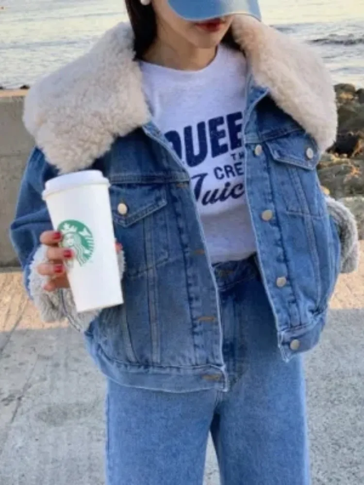 

Chic Autumn Winter Lamb Fur Collar Loose Long Sve ort Jeans Jaet Faionable Casual Sle Women's Knitwear Outerwear