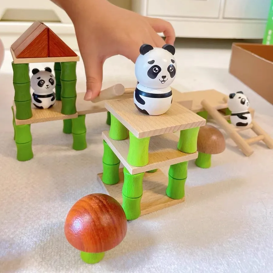 Children Toy Wood Puzzle Panda House Ornament Dollhouse Accessories Building Blocks Constructor Montessori Creative Board Games
