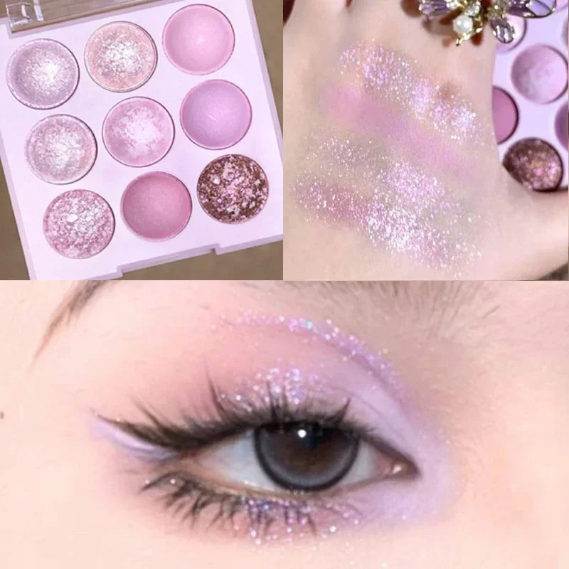 Glitter Rose Pink Purple Eye Shadow Palette 9-Color Shiny Pearlescent Matte Acrylic Long Lasting Eyeshadow Korean Makeup Pigment