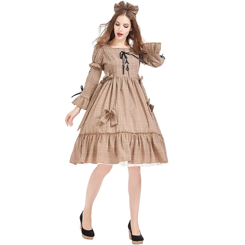 Pastoral Khaki Plaid Lolita Dress Spanish Style Lolita Princess Bow Skirt