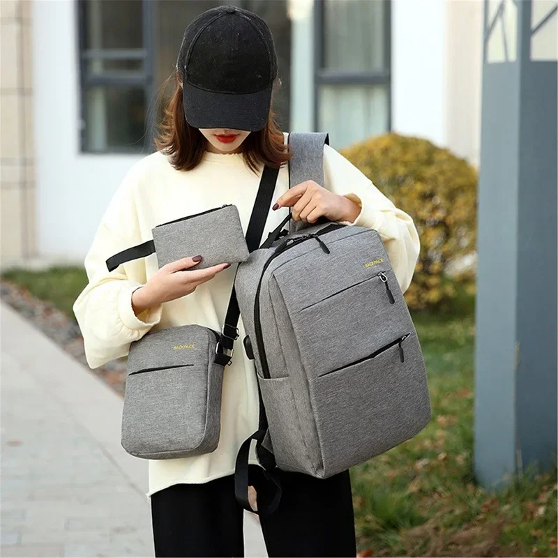 New Men\'s Business Backpack USB Charging Casual Female Student School Bag Minimalist Fashion Computer Bags Three Piece Set