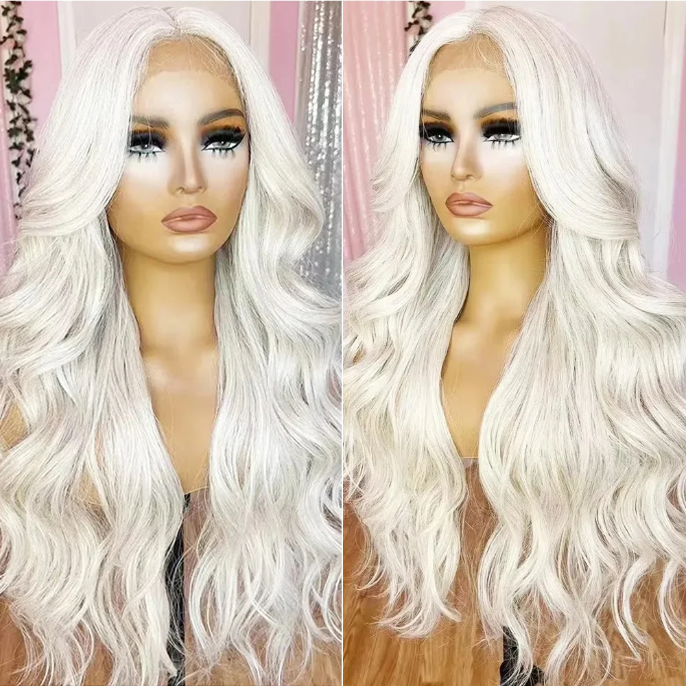 White Long Water Wave Synthetic Lace Front Wig Women Fashion Party Cosplay Wigs Heat Resistant Daily Wear Synthetic Wig