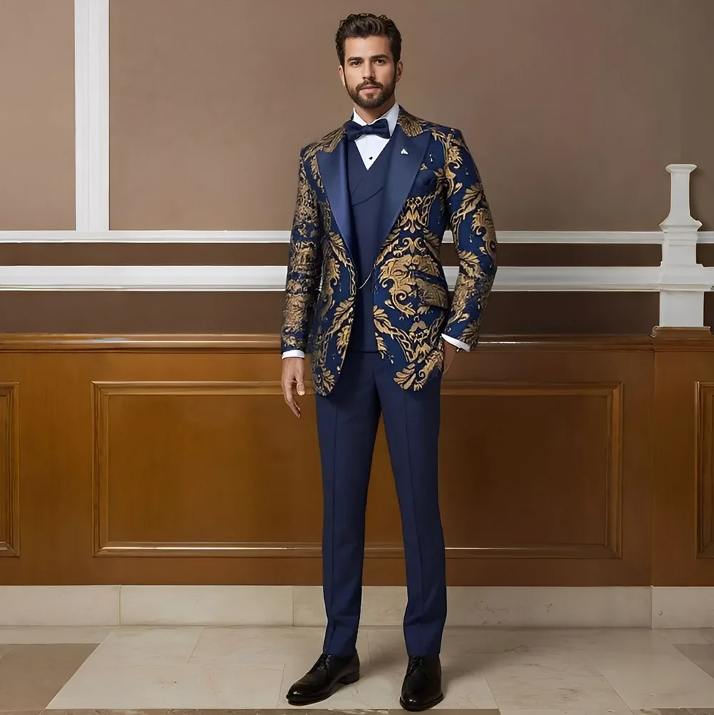 

Floral Men's Suit Slim Fit Wedding Tuxedo for Groom 3 Pieces Suit Set Jacket with Double Breasted Vest Pants Custom Made Suit
