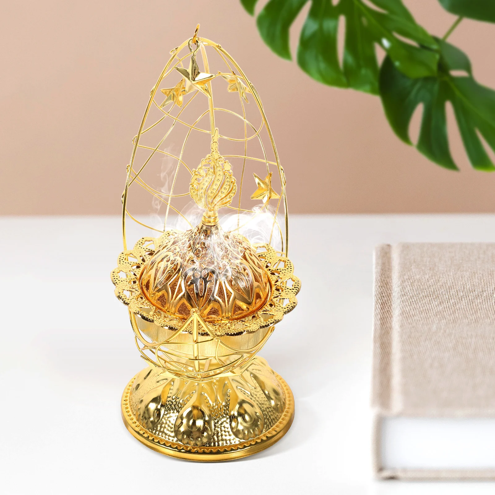 

1pc Moon Shape Arabic Incense Burner Vintage Censer For Indoor Decor Desktop Aroma Holder Hollow Metal Stand Home Ornament