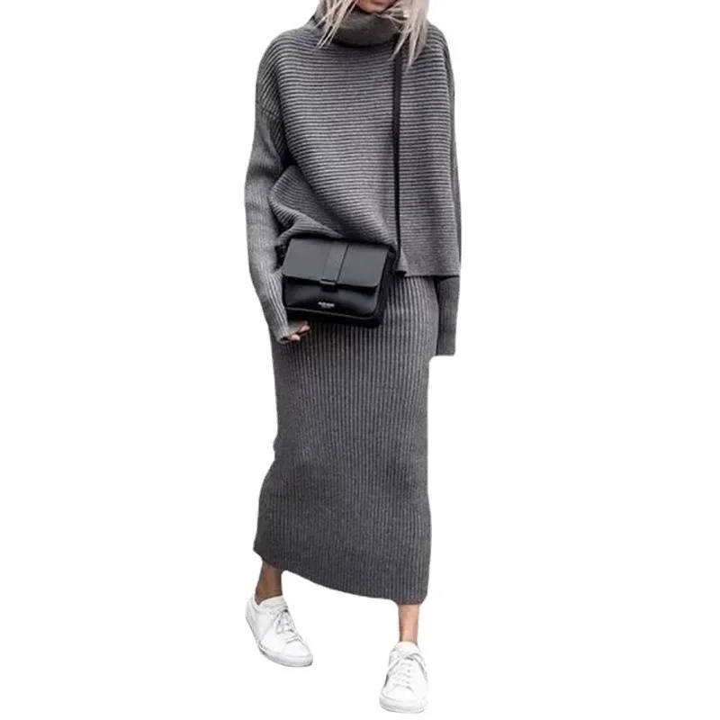 Two Piece Skirt Sets Knit Sweaters Spliced Full Sleeve Turtleneck Long Skirts Suits A Line Matching Set Solid Loose Fit Sports