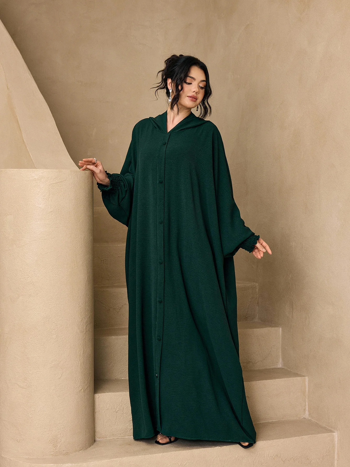 Solid Hooded Button Abaya, Smocked Cuff Loose‑Fit Long Maxi Robe, Casual Modest Daily Islamic Outfit for Muslim Ladies