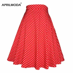 Small Red Polka Dot Cotton Womens Sexy Midi Summer Skirt Pin Up High Waist Retro Vintage Rockabilly 50s Women Skirt