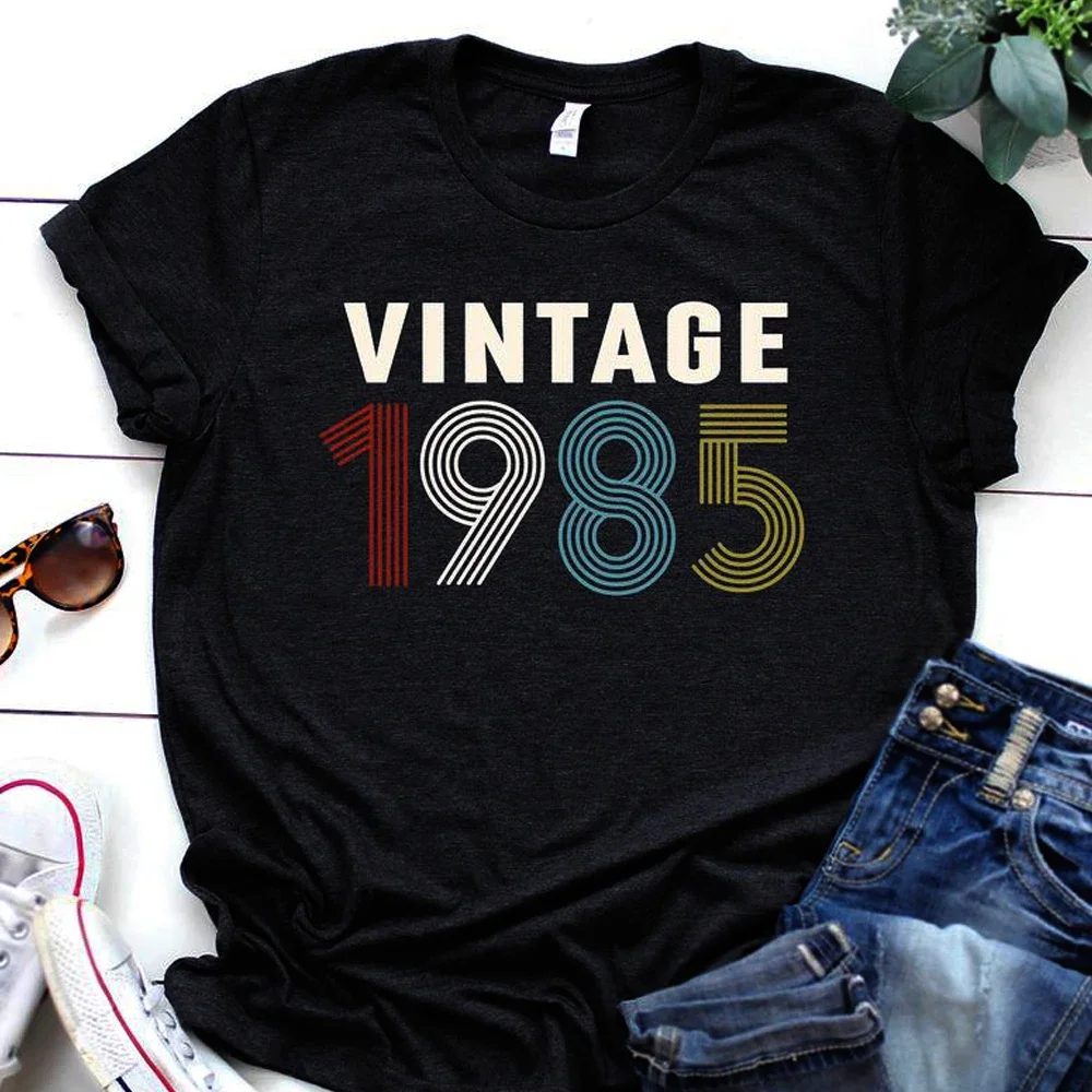 

Vintage 1985 T-shirt Women Summer Fashion Girls Tshirts 39th Birthday Ladies Tee Shirts Short Sleeves Tops Drop Shipping