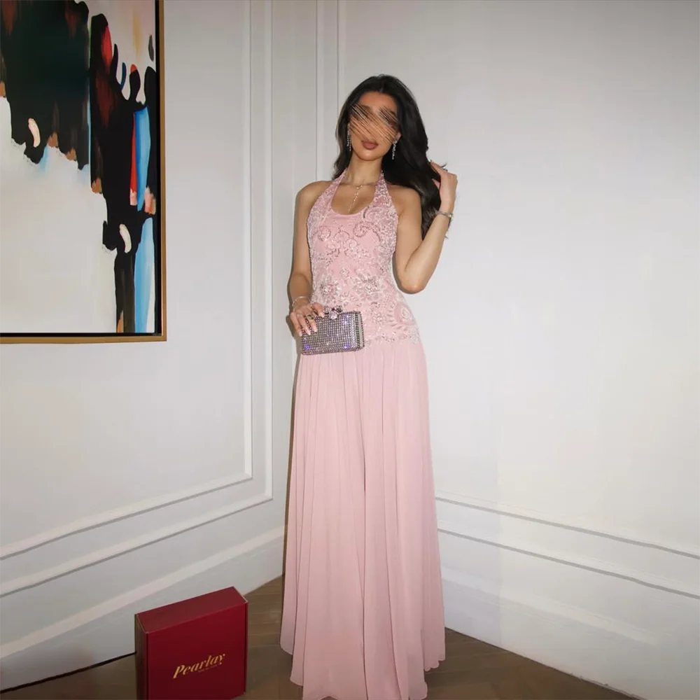 

Modern Pink Prom Dress Customized Sequined Halter Prom Gown Pleated Chiffon A Line Floor Length Formal Party Dresses 2025