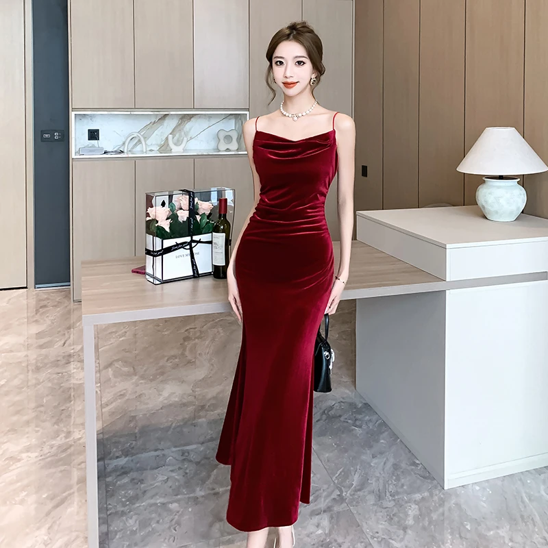 

Sexy Vintage Split Velvet Spaghetti Strap Midi Dresses for Women 2023 Autumn Winter French Elegant Wedding Party Female Clothing