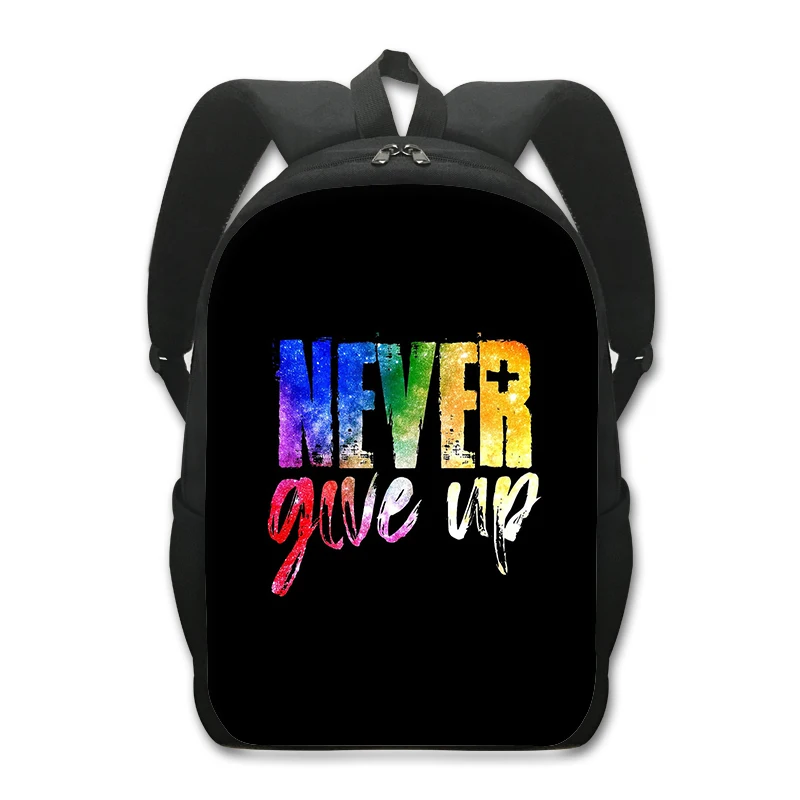 Mochila con estampado Never Give Up para hombre y mujer, morral escolar para adolescentes, niños y niñas, regalo para ordenador portátil