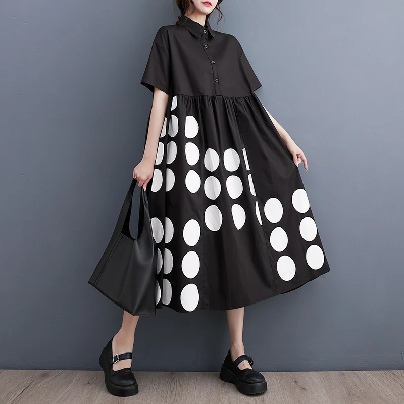 # 3857 Black White Polka Dot Printed Shirt Dress Women Polo Neck Vintage Loose A-line Midi Dress Woman Short Sleeve Summer 2024