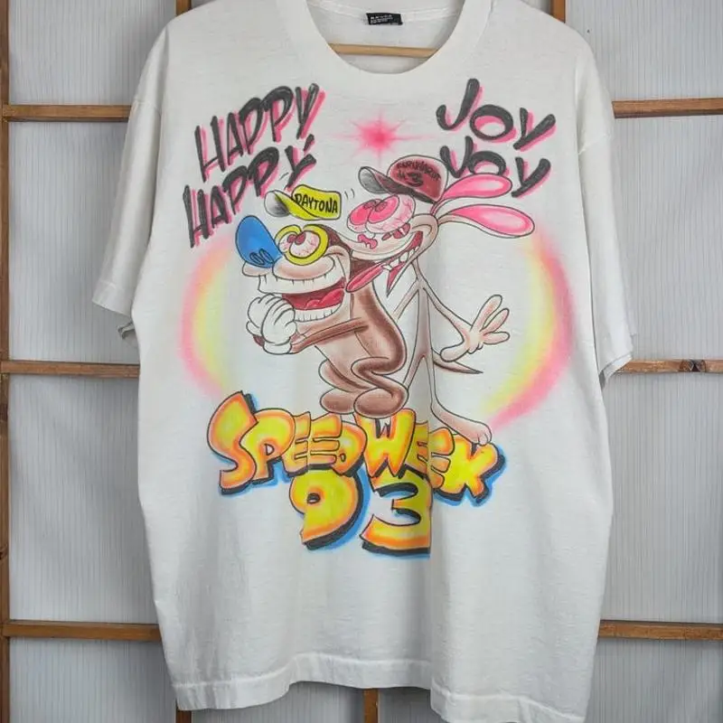 Vintage 1993 Airbrushed Ren And Stimpy Speed Week Racing T-Shirt