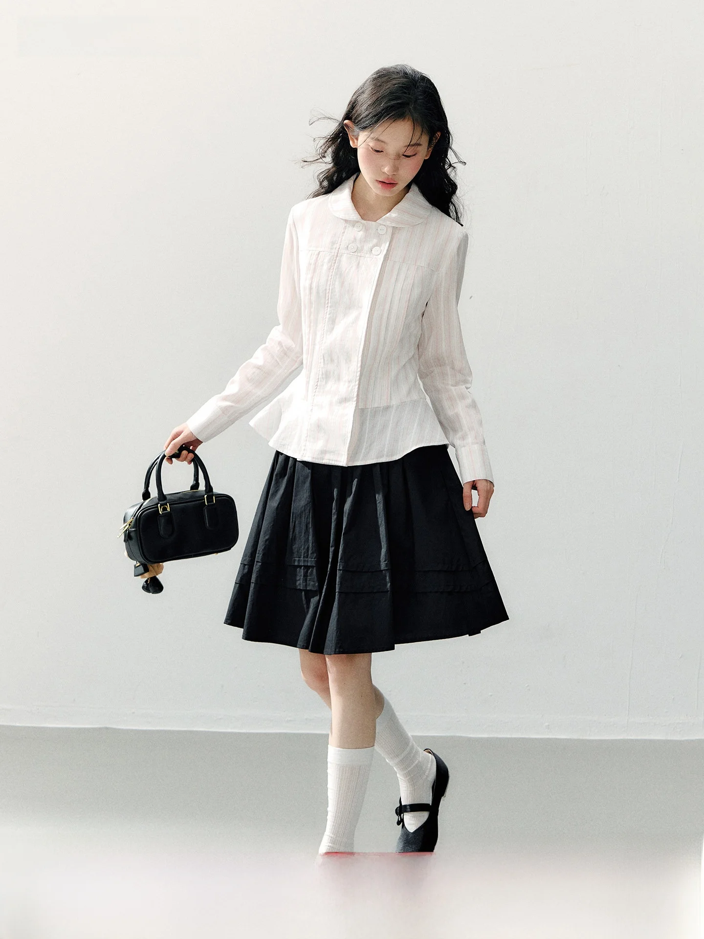 

Annatto Long Sve Slim Fit irt And Bla Skirt Set Women's Casual Sle Stripe Patterned Waist-Cinching Outfit