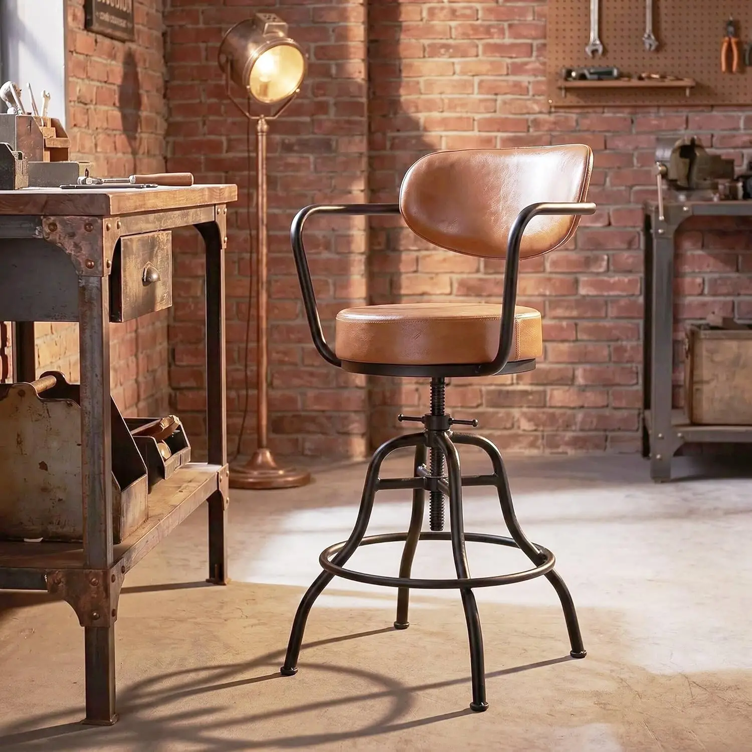 

Industrial Design Adjustable Height 21.65" - 26" Brown Leather Upholstered Backrest Seat Arm Chair Vintage Counter Stool