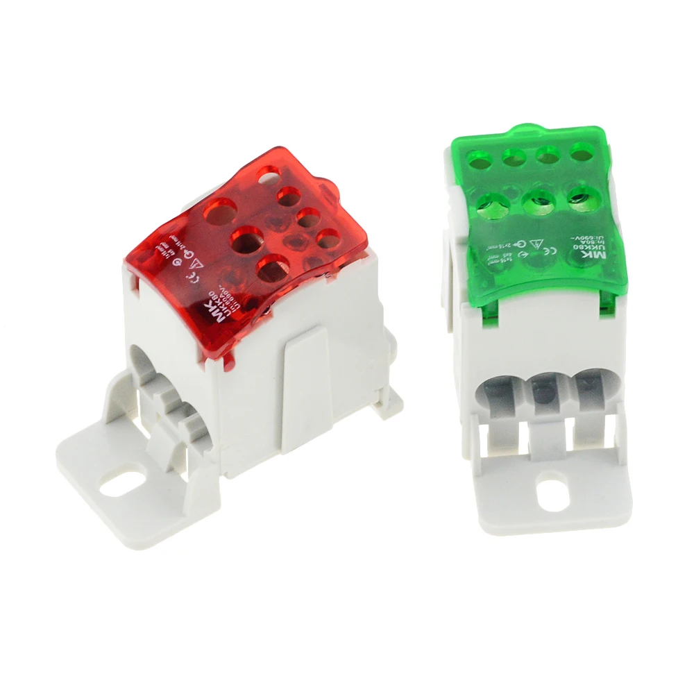 1PC UKK80A zacisk blok 1 w wielu Out skrzynka rozdzielcza na szynę Din uniwersalne złącze przewodu elektrycznego czerwony żółty niebieski zielony