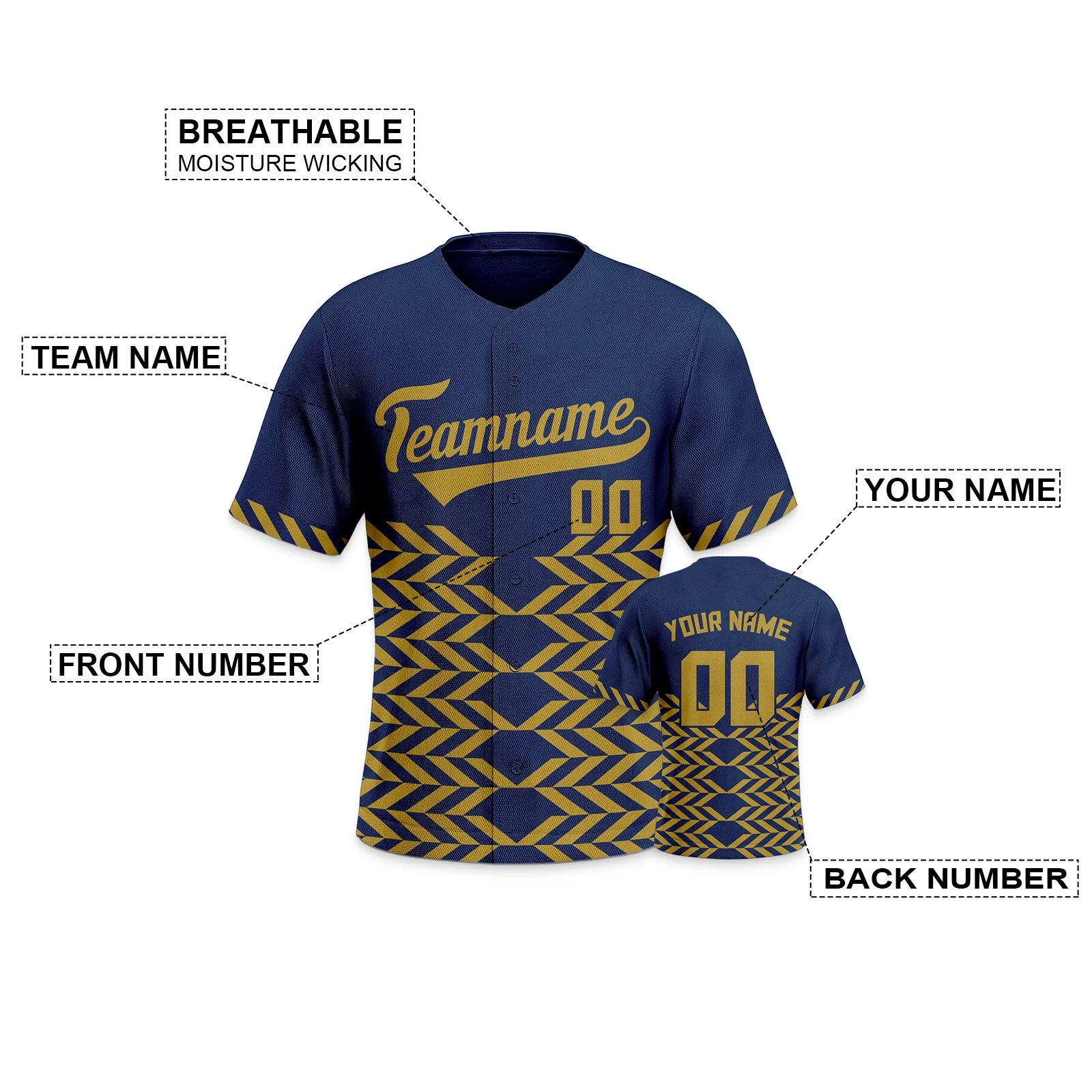 Custom Baseball Jersey Navy Gold Printed Baseball Shirts Men Women Youth Kids Personalized Name Number Button Down Uniform