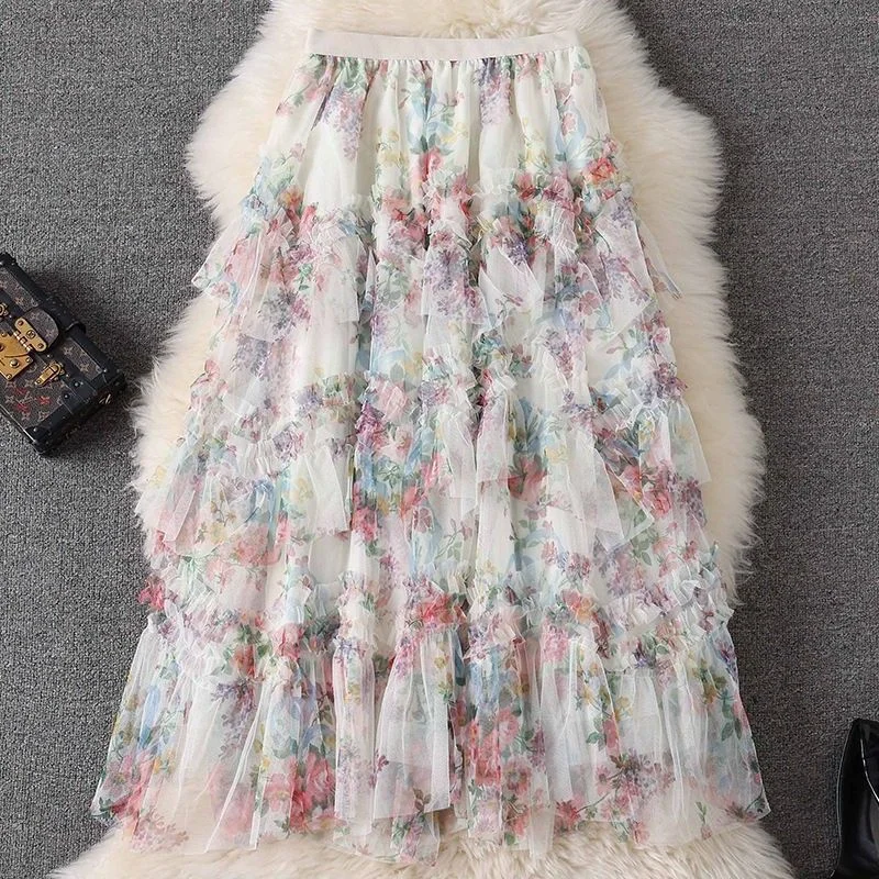 Spring Summer New  Flower Print Half Skirt Fairy Large Hemline Cake Skirt High Waist Polyester Casual Women's Skirt