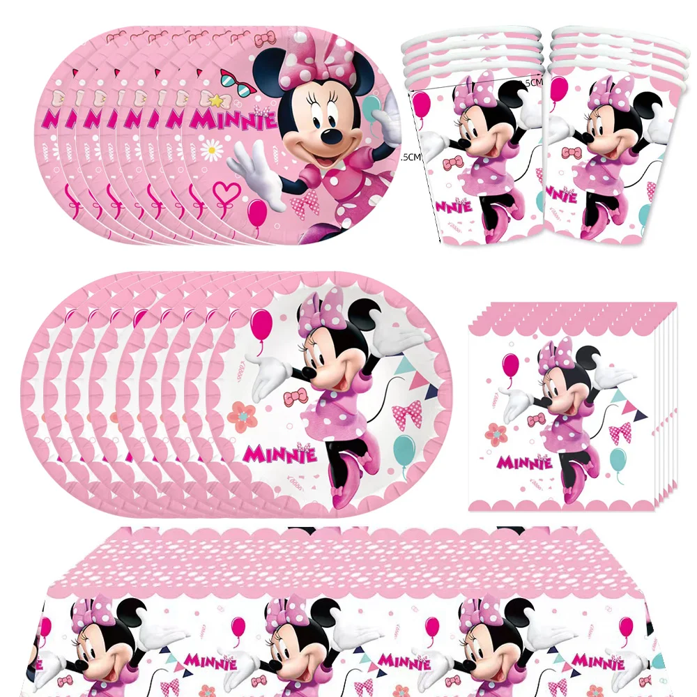 Décoration de fête d'anniversaire Disney Mickey Mouse, ensemble de vaisselle Minnie, assiettes en papier, gobelets, ballons, cadeaux pour enfants, fournitures de fête