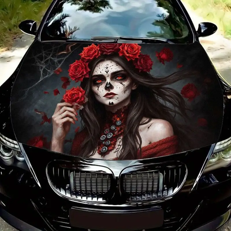 

1 piece Day of the Dead Sugar Skull Red Rose Crown Hood Sticker, Dark Background Red Rose Spider Web Bat Silhouette Gothi