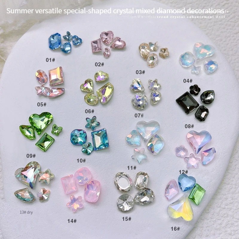 30PCS Rhinestone Pointed Diamond Colorful Crystal Super Flash Butterfly Fat Square Crooked Heart Mix Nail Jewelry Accessories