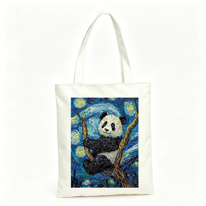 Women's canvas tote bag with panda and starry night inspired print, artistic style for casual outings