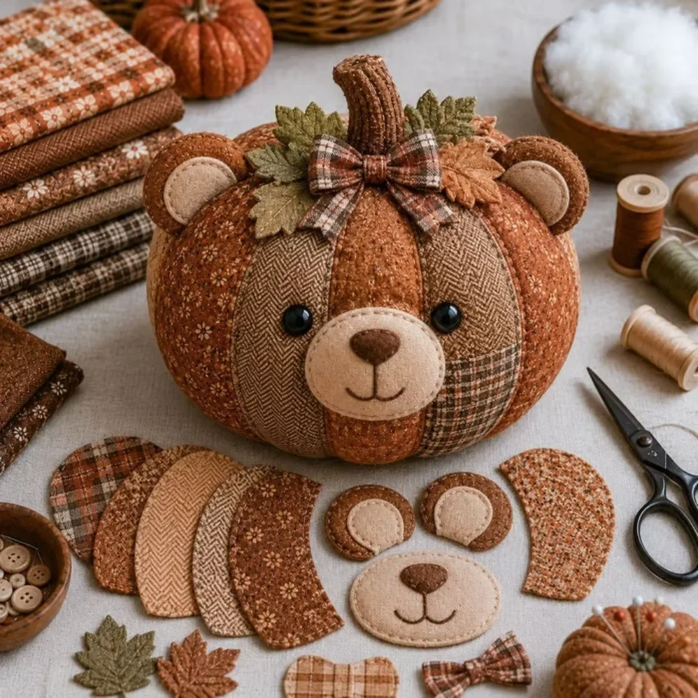 Vintage Style Whimsical Patchwork Pumpkin Fabric Kit Cow Cat Floral Fabric Halloween DIY Sewing Kit Owl Bear Stress Craft Gifts