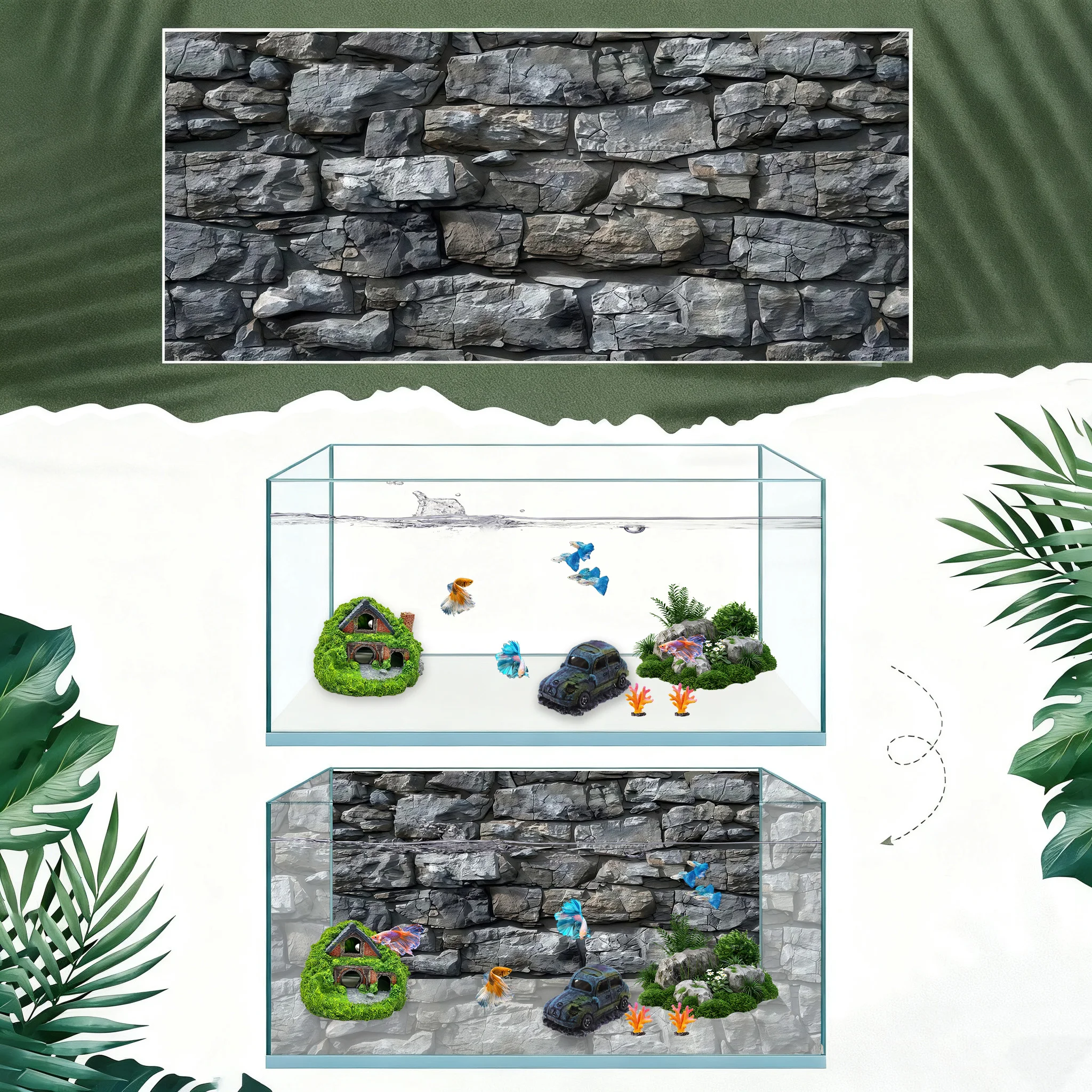 Stone Wall, Fish Tank Background Painting, Aquarium Background Sticker, HD, Front Self-Adhesive, Landscape Ornaments