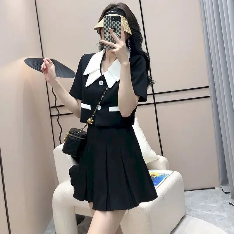 

Женский Повседневный короткий Блейзер и юбка UNXX, комплект из 2 предметов, летняя новая корейская мода, черная куртка в стиле пэчворк, мини-юбка, женский наряд