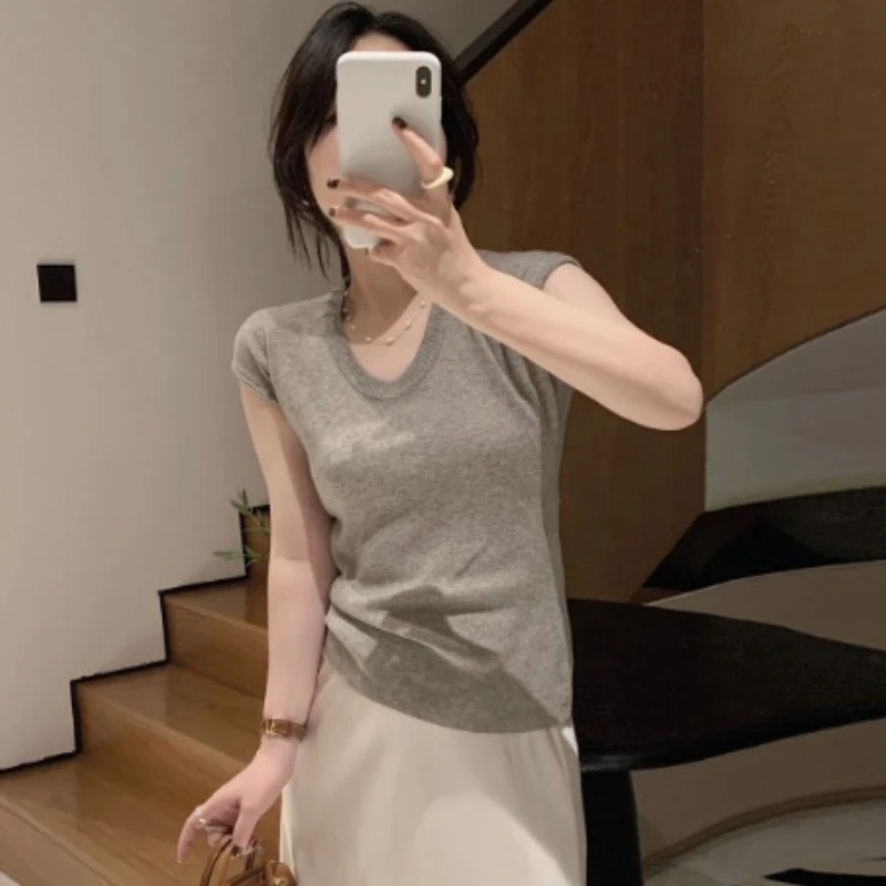 Trendy Solid Color Versatile Tee 2026 Summer U-Neck Knit Women's T-Shirt Slim Fit Cap Sleeve Casual Top
