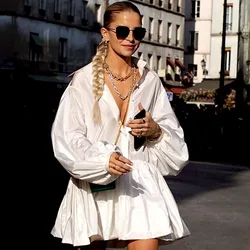 Tuularose Bubble Sleeve Pleated Mini Dress Summer Lapel Button Patch Designs Dress Women's Fashion Office Lady Mini Dresses