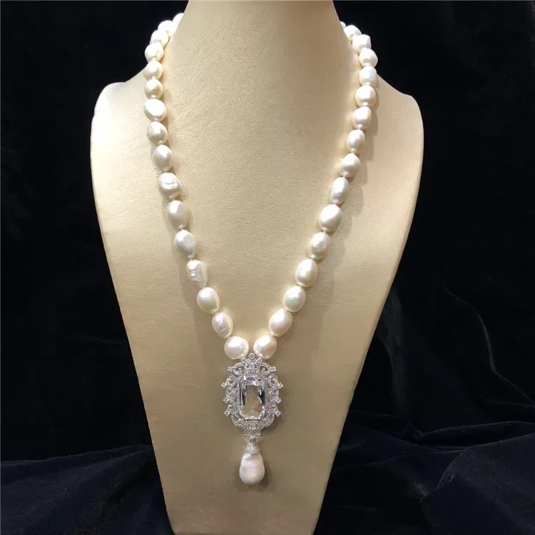 Hand knotted 10-11mm baroque white  freshwater cultured pearl micro inlay zircon accessories pendant sweater necklace long 48cm