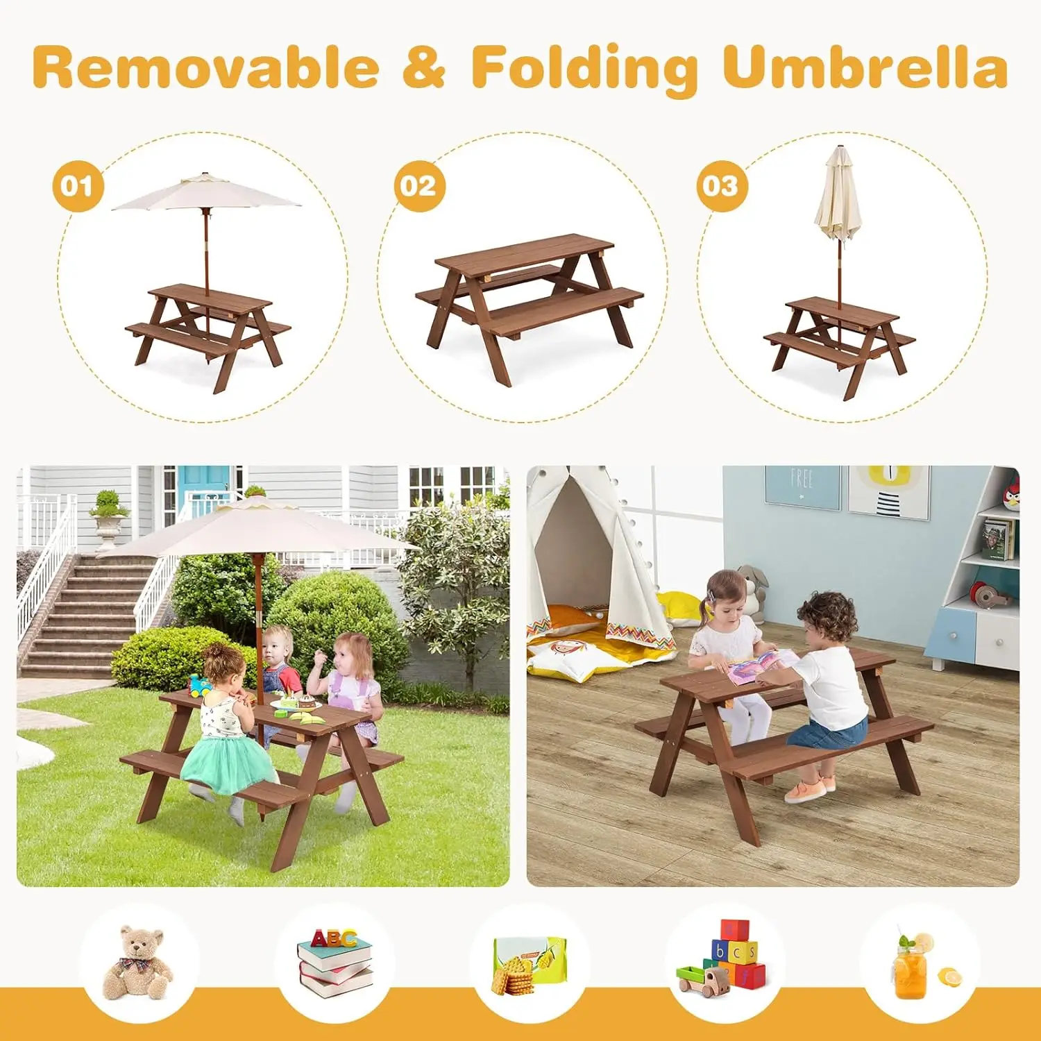 Honey Joy Kids Picnic Table, Outdoor Wooden Table & Bench Set W/Removable Umbrella, Children Backyard Furniture For Patio