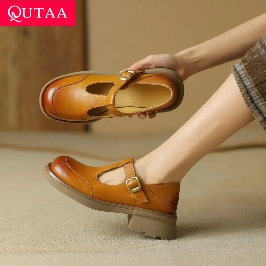 

QUTAA 2024 Women Genuine Leather Pumps Platforms Med Heel Shoes Woman Buckle Spring Summer Casual Working Shoes Size 34-39