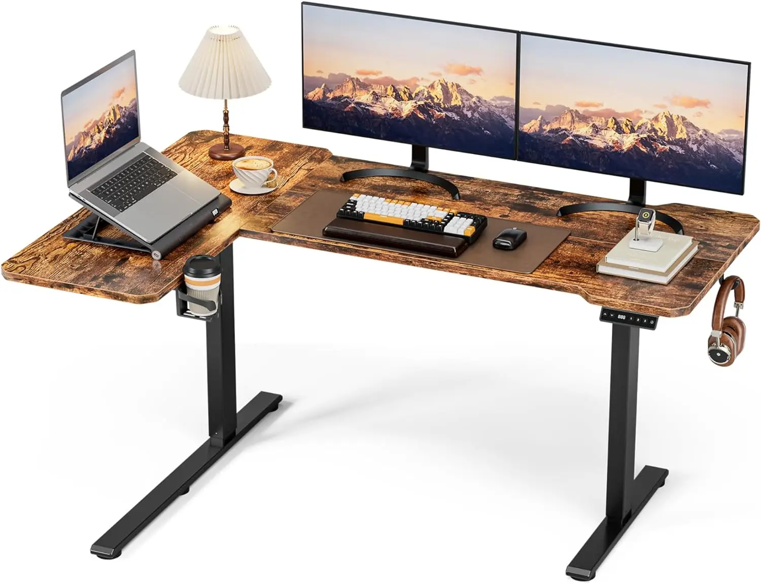 

59 Inch L Shaped Electric Standing Desk, Adjustable Height, Sit Stand Computer Table, Rustic Brown