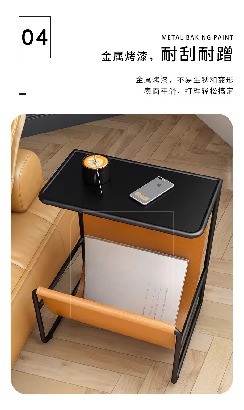 Simple and modern fabric sofa, side table, living room, small apartment, iron tea table