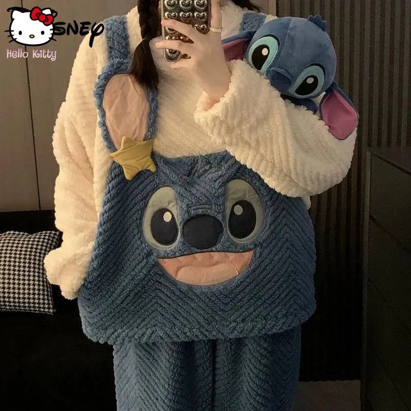 

Cartoon Stitch Cute Plush Pajamas Suit 2 Piece Set Women Soft Nightdress Y2K Couple Design Pullover Tops Trousers Coral Velvet