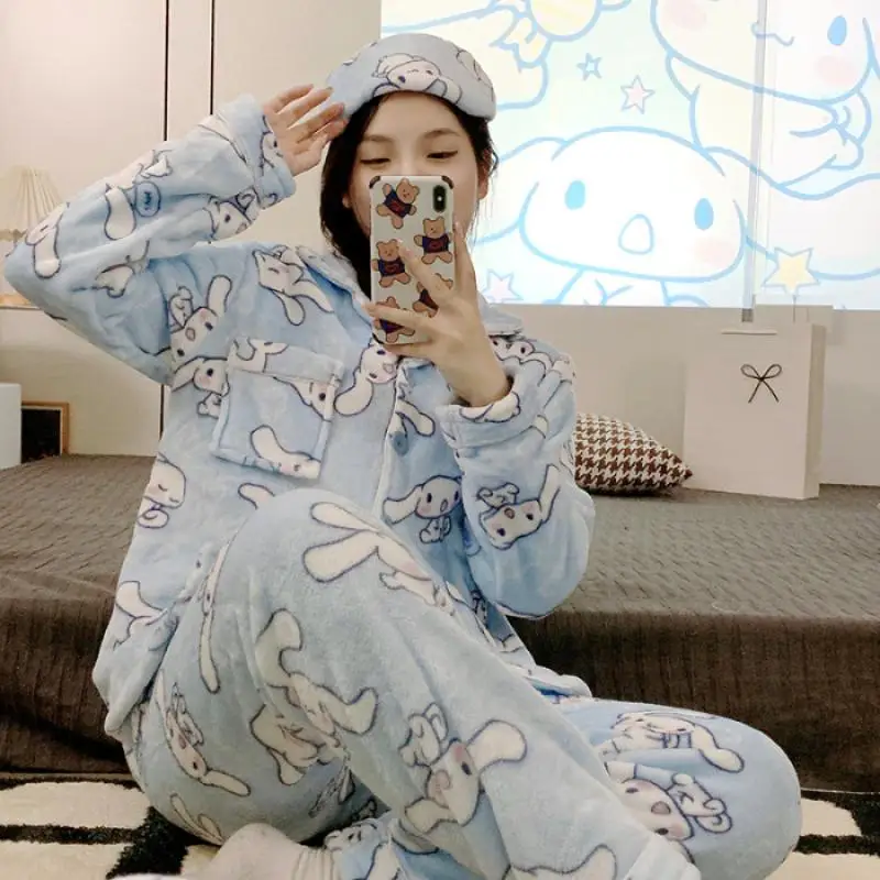 

Kitty Y2K Sanrioed Cartoon Kuromi Cinnamoroll Plush Pajamas Suit Aautumn Winter Coral Fleece Anime My Melody Homewear Nightwear