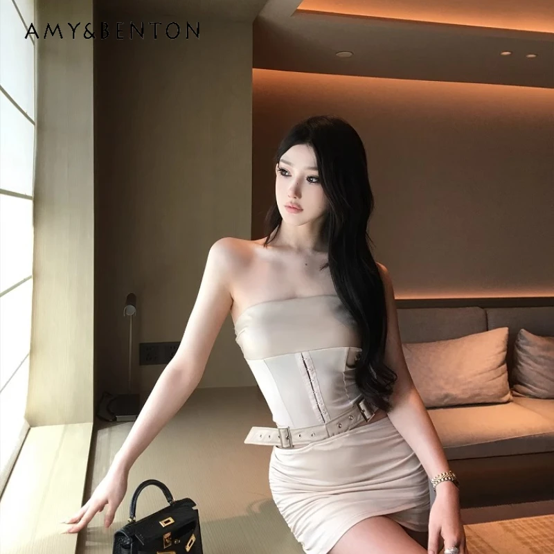 

European American Retro Tie Strap Women's Tube Top Original Design Pu Leather Hanging Waist Sexy Hip Short Skirt Suit Ladies