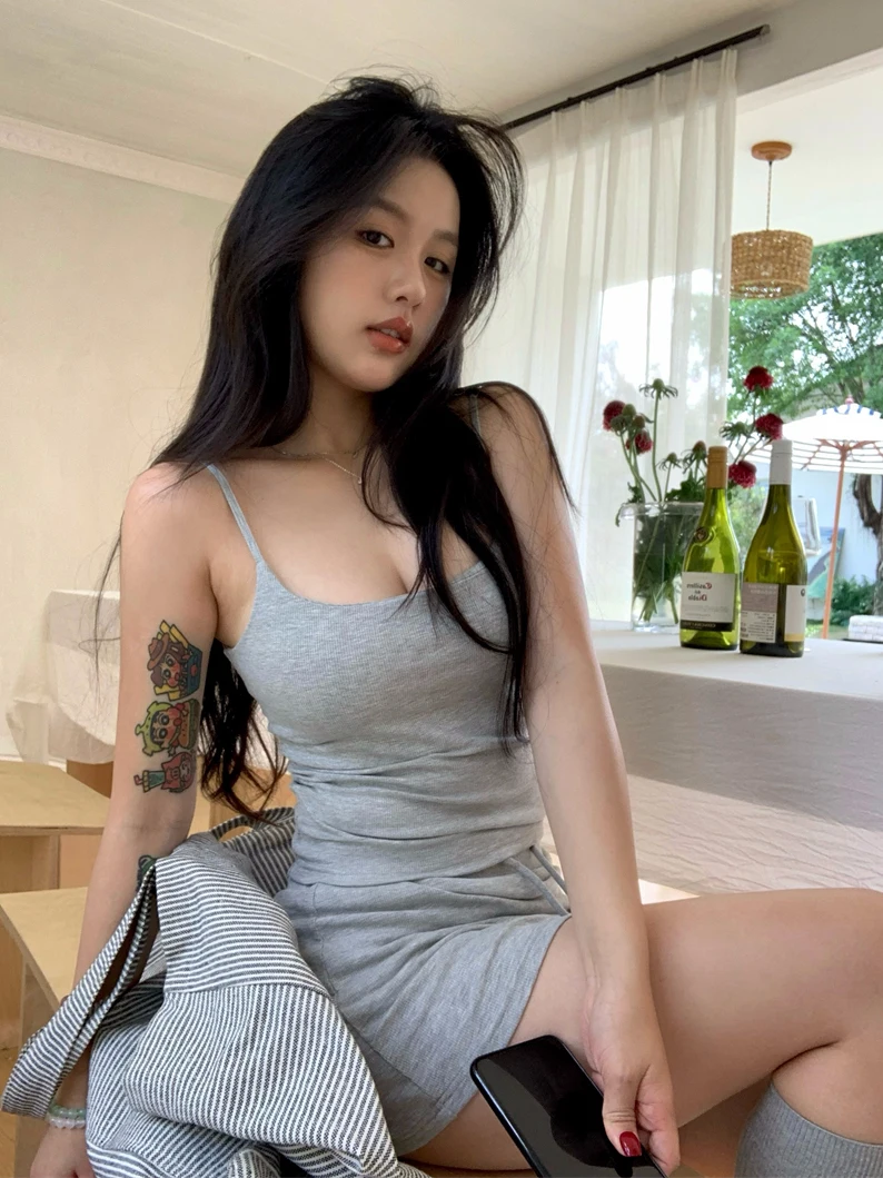 

Spicy Girl Drawstring Wrap Women's Summer Two-Piece Set High Waist Short Shorts round Neck Short Sleeve Commute Style