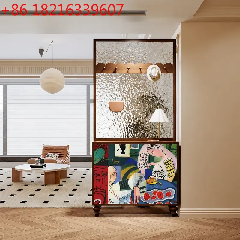 YAORetro Oil Painting Porch Cabinet Solid Wood Water Pattern Glass Entry Door Screen Partition Living Room Storage Shoe Cabinet