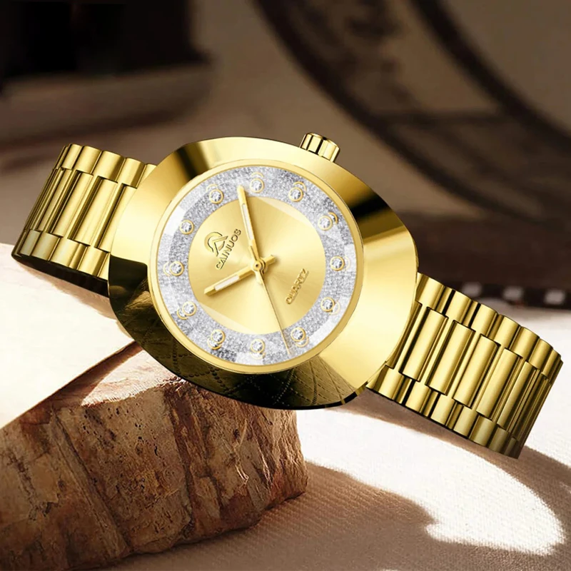 2025 Orologio da coppia con cinturino in acciaio inossidabile dorato, marchio di lusso con diamanti, abito casual e orologi da banchetto