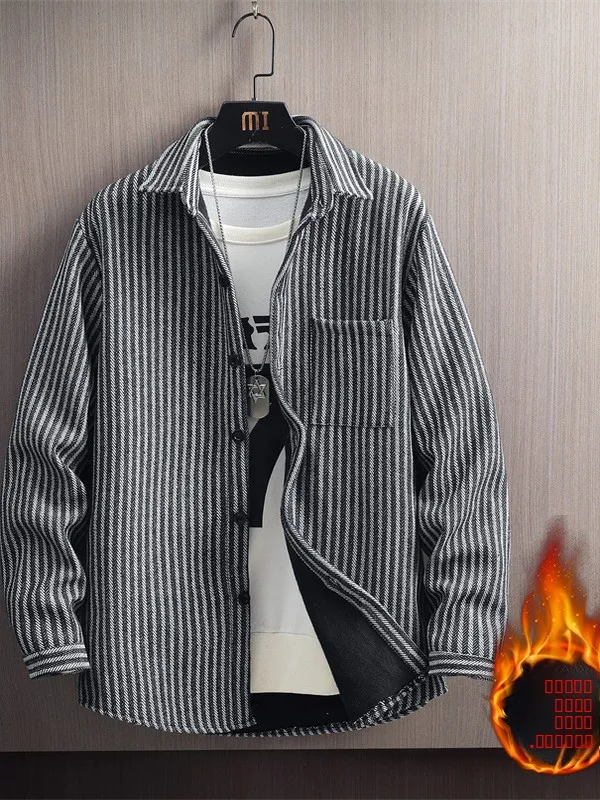 

Men's Casual Shirt Jacket with Fleece Turn-down Collar Vertical Stripes Fashionable Thickened Polyester Fiber Coat