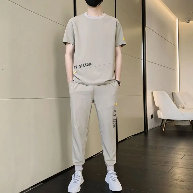 

Ice Silk Man Trousers Sets Alphabet Khaki Sweatpants Workout Set T-shirts Pants Suits for Men Summer Clothes Chic Two-piece Tee