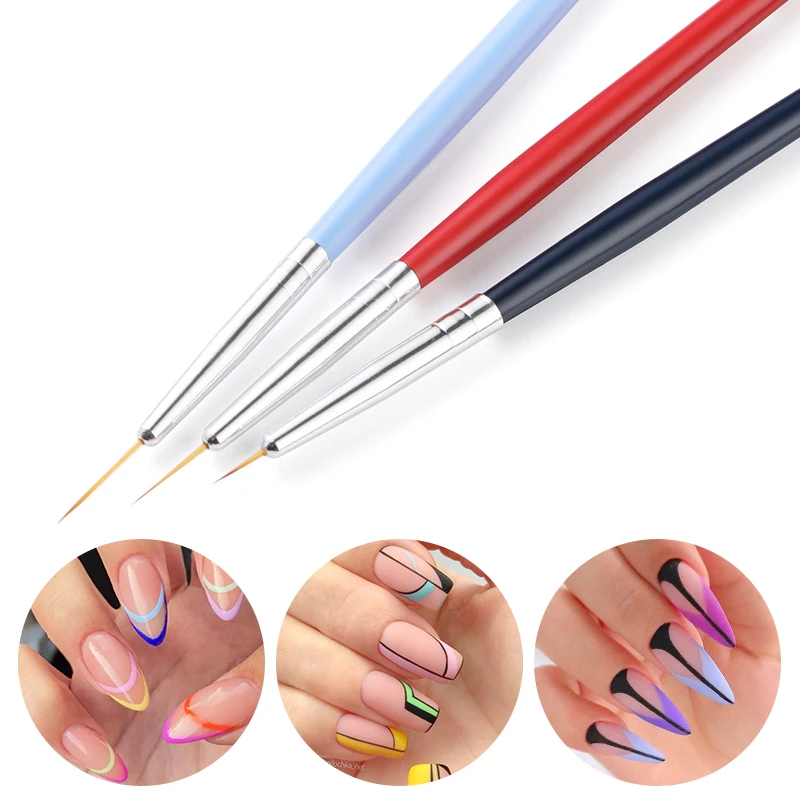 Caneta listra francesa acrílica, 3 pcs/set, para a arte do prego, dicas 3d, manicure, magro, desenho, escovas de gel UV, ferramentas de pintura