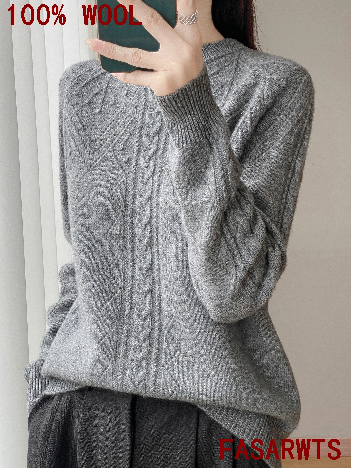 절묘한 여성 스웨터 100% 호주 양모 스웨터 플러스 사이즈 니트 자카드 속이 빈 패션 ONeck 풀오버 가을 겨울 탑