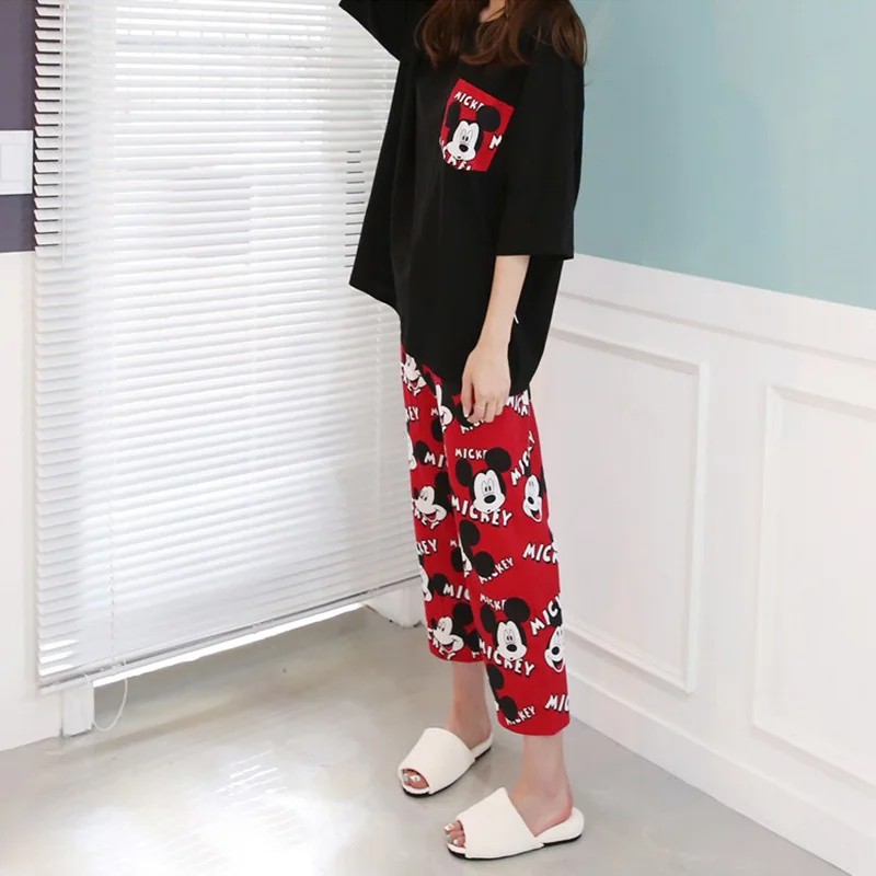 Disney Mickey summer new short-sleeved cute cartoon pajamas women\'s summer loose cropped pants loungewear