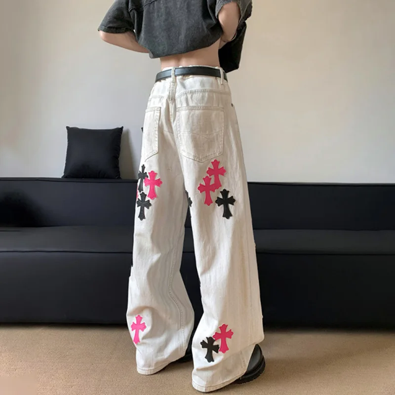 LUZHEN اللون التباين المرقعة فضفاض واسعة الساق جينز غير رسمي الرجال 2025 جديد أنيق الأصلي الشارع الشهير مستقيم الدينيم السراويل JY3187