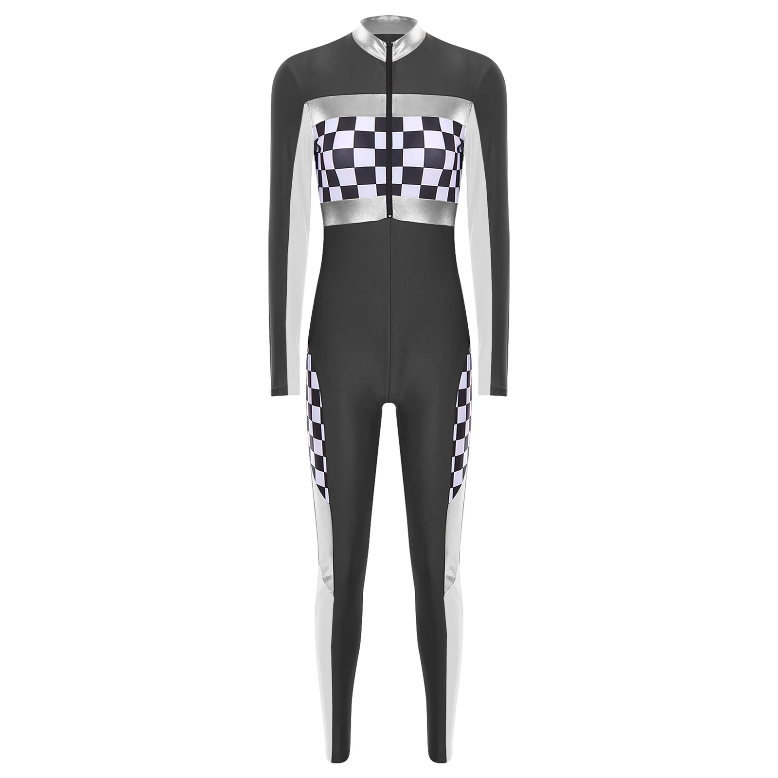 Women Racer Driver Cosplay Costume Long Sleeve Zipper Checkerboard Racing Cheerleading Jumpsuit Clubwear for Halloween Carnival